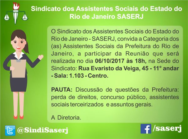 SASERJ convida os (as) Assistentes Sociais da Prefeitura do Rio para Reunião