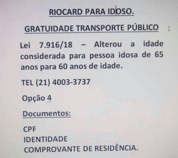 SASERJ INFORMA: GRATUIDADE DO RIO CARD PASSA A VALER A PARTIR DOS 60 ANOS